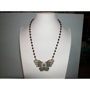 Vintage Filigree Butterfly Pendant Necklace With Brown Bead Chain